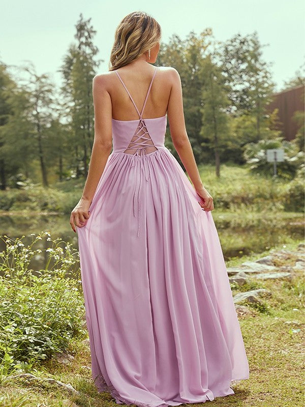 V-neck A-Line/Princess Sleeveless Ruffles Chiffon Floor-Length Bridesmaid Dresses