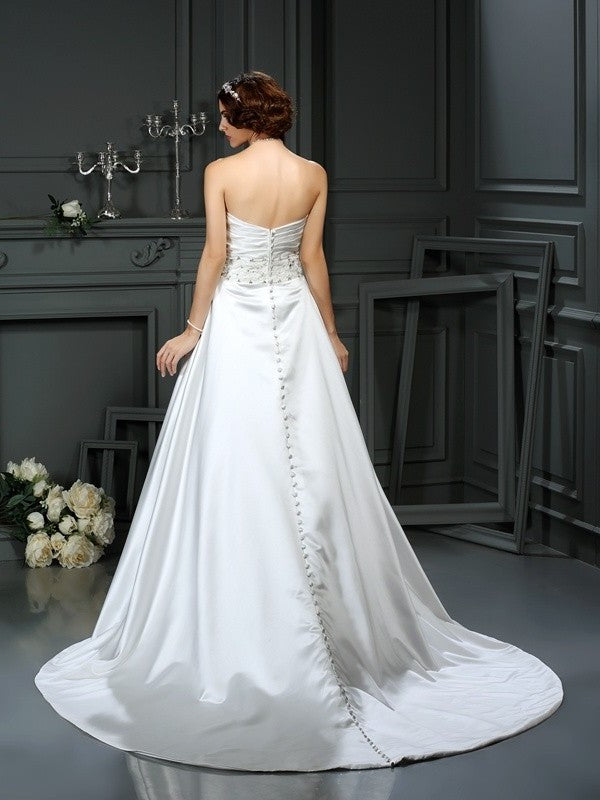 Strapless Beading A-Line/Princess Long Sleeveless Satin Wedding Dresses