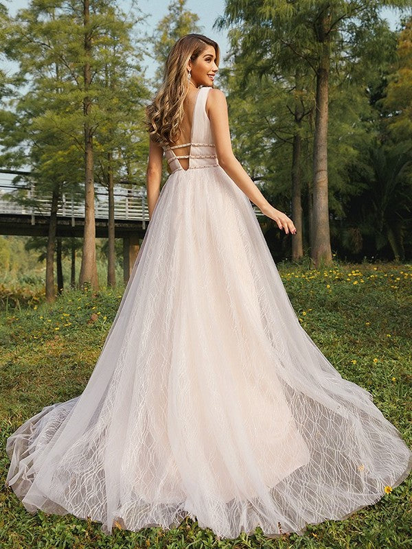 V-neck Ruffles Tulle Sleeveless Sweep/Brush A-Line/Princess Train Wedding Dresses