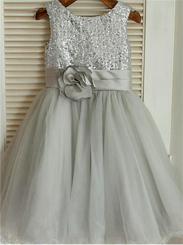 Tea-Length Tulle Sequin Sleeveless Scoop A-line/Princess Flower Girl Dresses