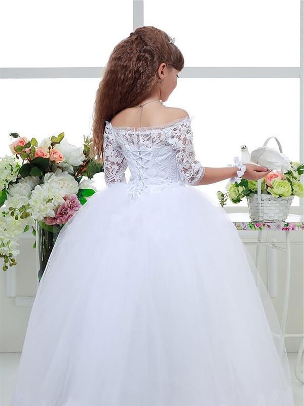 Off-the-Shoulder Floor-Length Ball Tulle Gown Sleeves Lace 1/2 Flower Girl Dresses