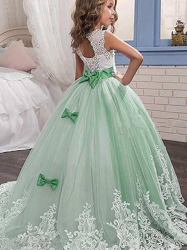 Gown Jewel Train Tulle Sleeveless Ball Lace Sweep/Brush Flower Girl Dresses