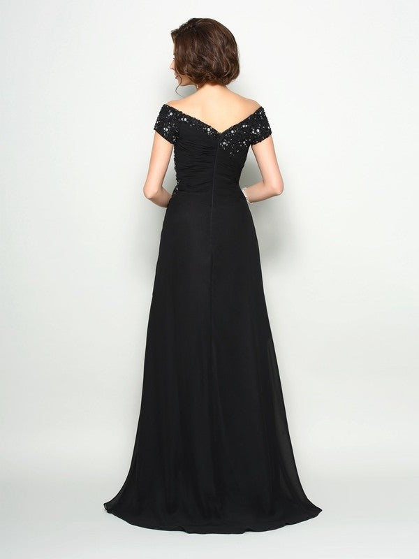 Long Beading Chiffon A-Line/Princess Off-the-Shoulder Short Sleeves Mother of the Bride Dresses