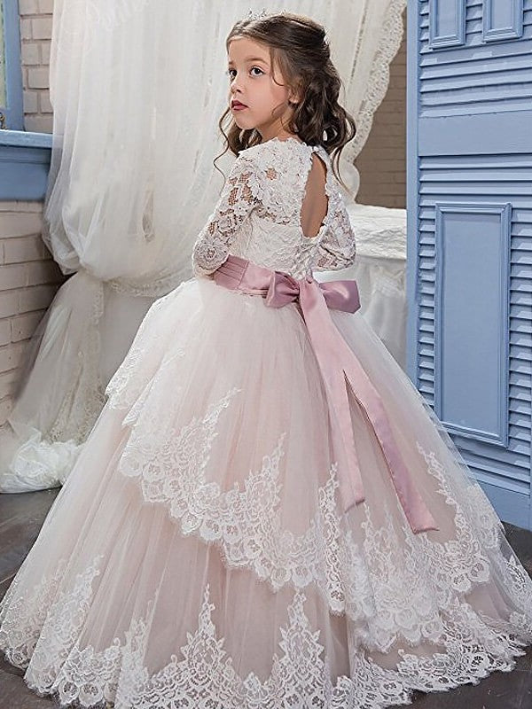 Jewel Floor-Length Long Gown Sleeves Ball Tulle Lace Flower Girl Dresses