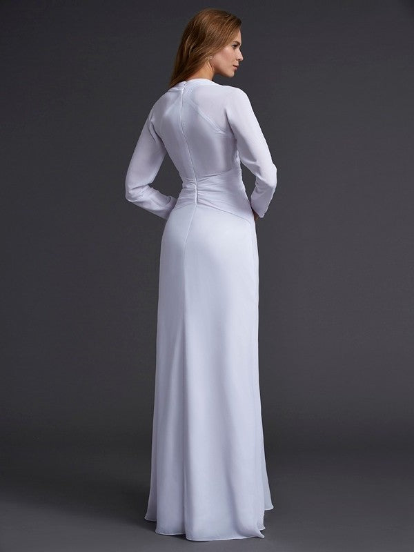 V-neck Ruched Long Sleeves Sheath/Column Long Chiffon Dresses