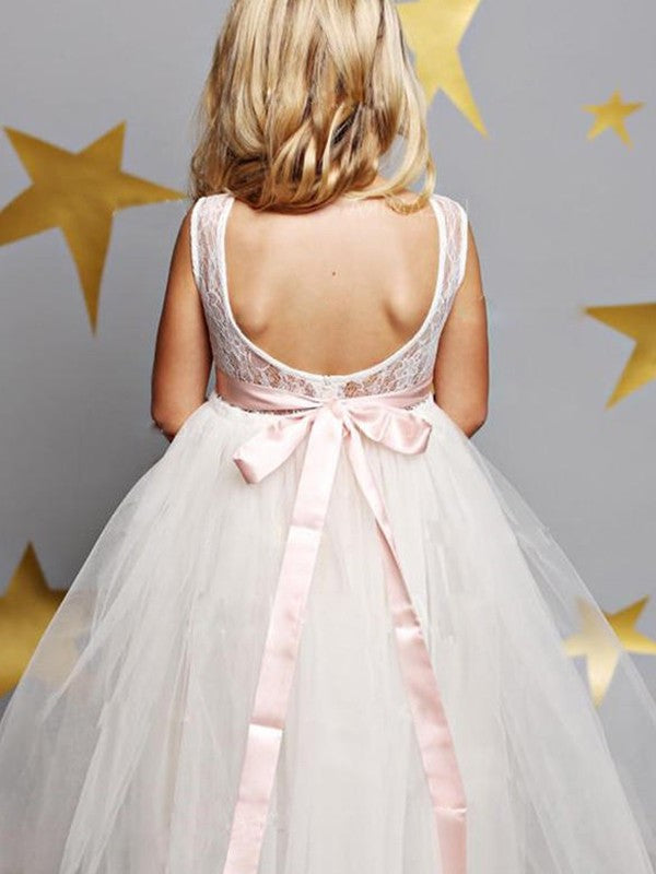 Scoop Tulle Sleeveless Sash/Ribbon/Belt A-Line/Princess Floor-Length Flower Girl Dresses