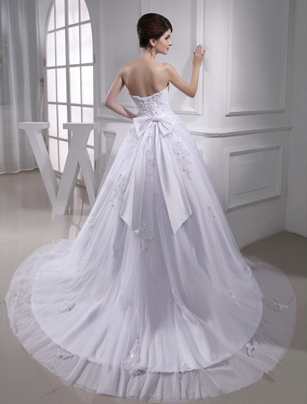 Strapless Beading Satin Gown Ball Applique Sleeveless Tulle Wedding Dresses