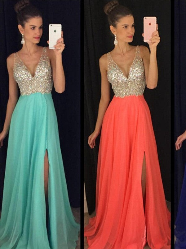 Beading V-neck A-Line/Princess Sleeveless Floor-Length Chiffon Dresses