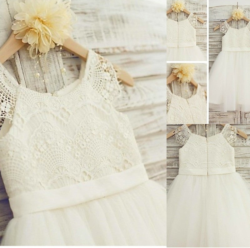 A-line/Princess Knee-Length Sleeveless Lace Scoop Tulle Flower Girl Dresses