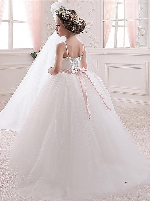 Floor-Length Sash/Ribbon/Belt Gown Spaghetti Tulle Sleeveless Ball Straps Flower Girl Dresses