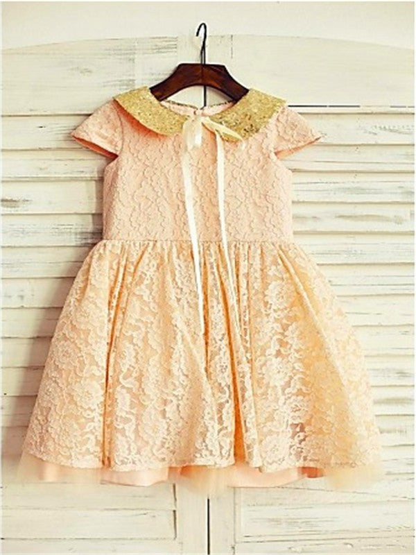 Tea-Length Short Lace Sequin Sleeves Scoop A-line/Princess Flower Girl Dresses