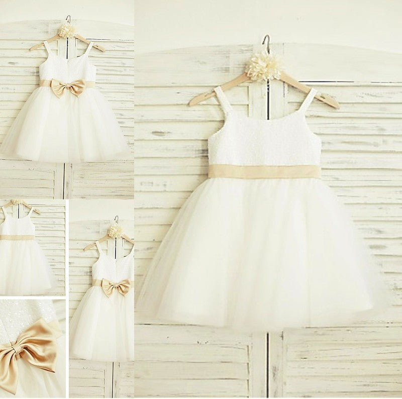 A-line/Princess Sleeveless Bowknot Tulle Knee-Length Spaghetti Straps Flower Girl Dresses