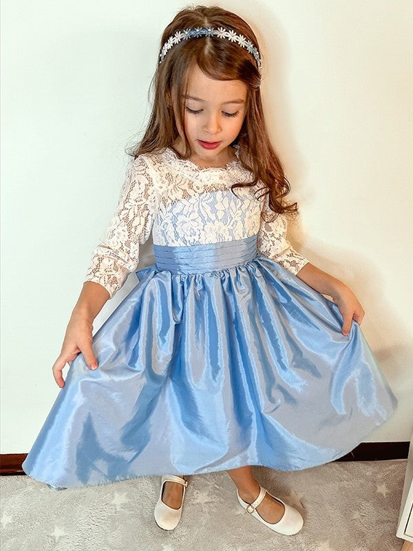 Knee-Length A-Line/Princess Scoop 3/4 Lace Taffeta Sleeves Flower Girl Dresses