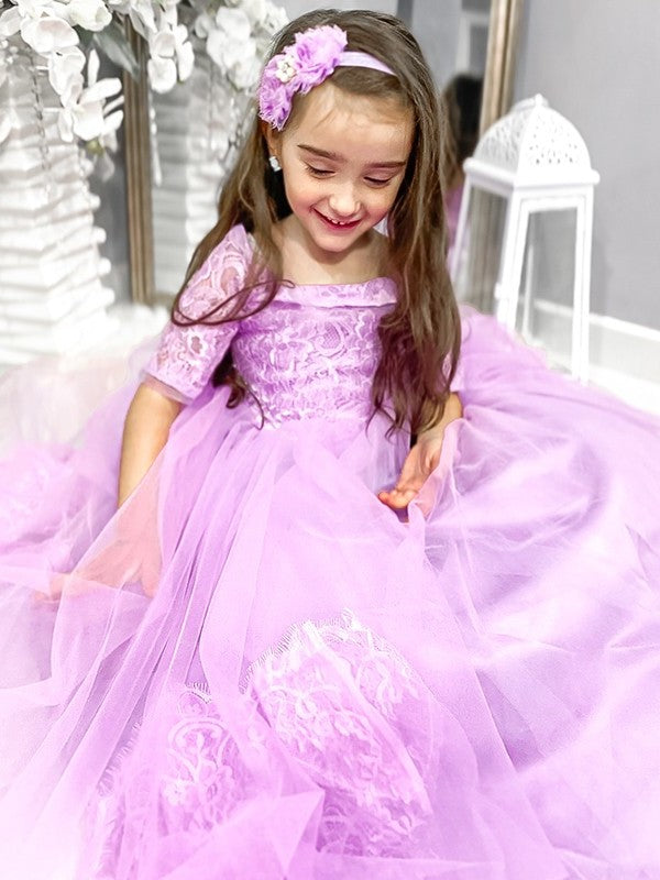 Tulle Sleeves Ball 1/2 Off-the-Shoulder Sweep/Brush Lace Gown Train Flower Girl Dresses