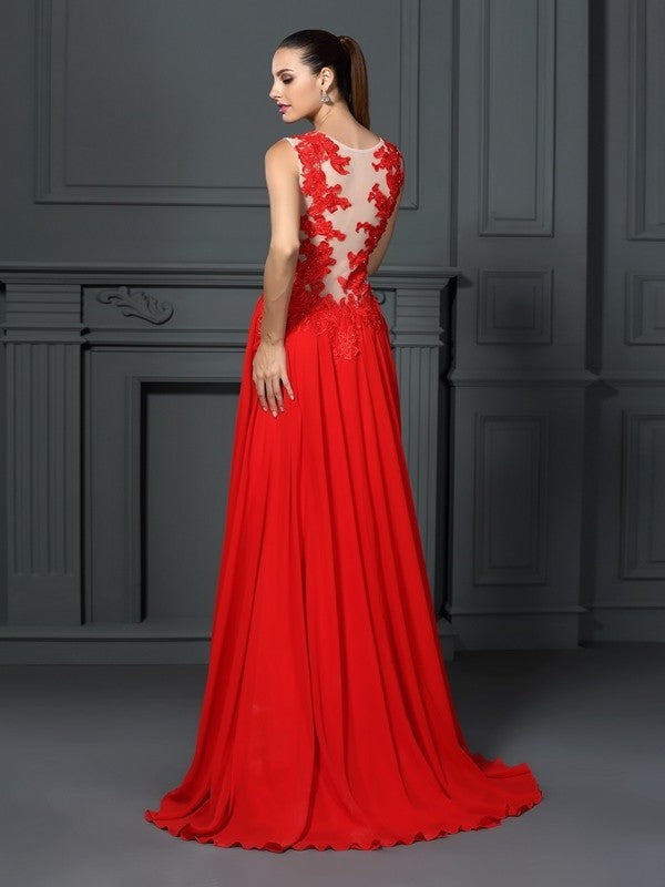 A-Line/Princess Applique Sleeveless Bateau Long Chiffon Dresses