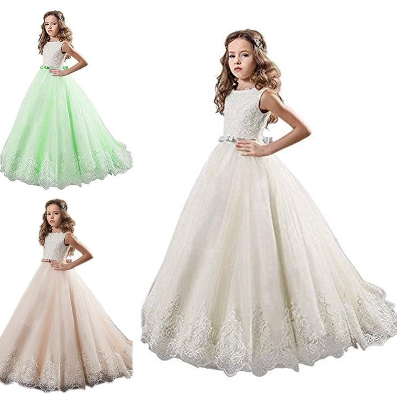 Tulle Gown Jewel Sweep/Brush Sleeveless Train Lace Ball Flower Girl Dresses