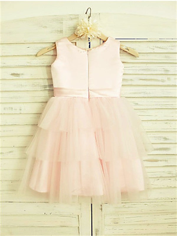 Tulle Hand-made Tea-Length A-line/Princess Sleeveless Flower Scoop Flower Girl Dresses