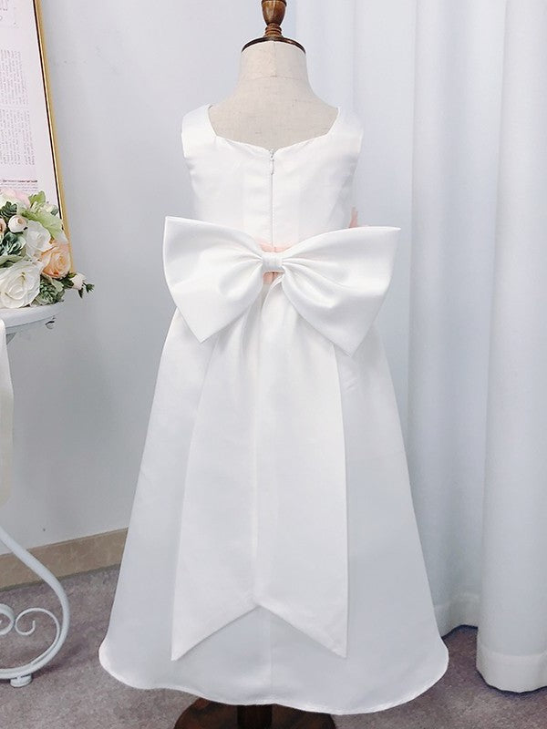 Square Tea-Length Sleeveless A-Line/Princess Flower Hand-Made Satin Flower Girl Dresses