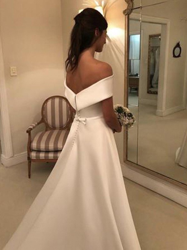 A-Line/Princess Ruffles Sleeveless Off-the-Shoulder Train Sweep/Brush Satin Wedding Dresses