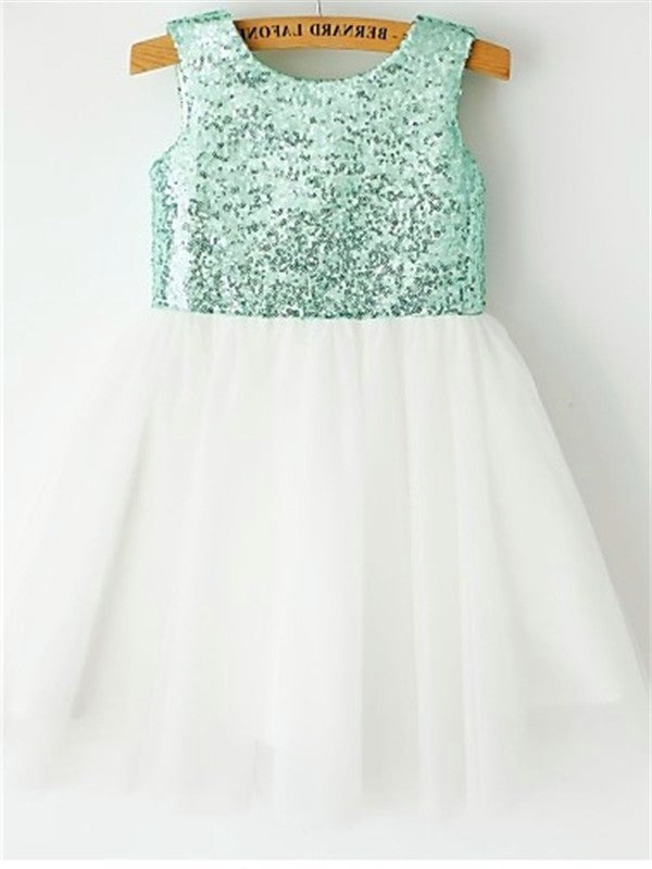 Tea-Length Sequin Scoop Sleeveless A-line/Princess Tulle Flower Girl Dresses