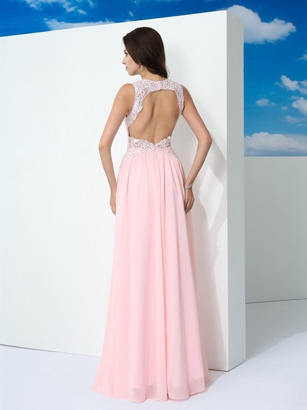 Beading A-Line/Princess Sleeveless Straps Long Chiffon Dresses