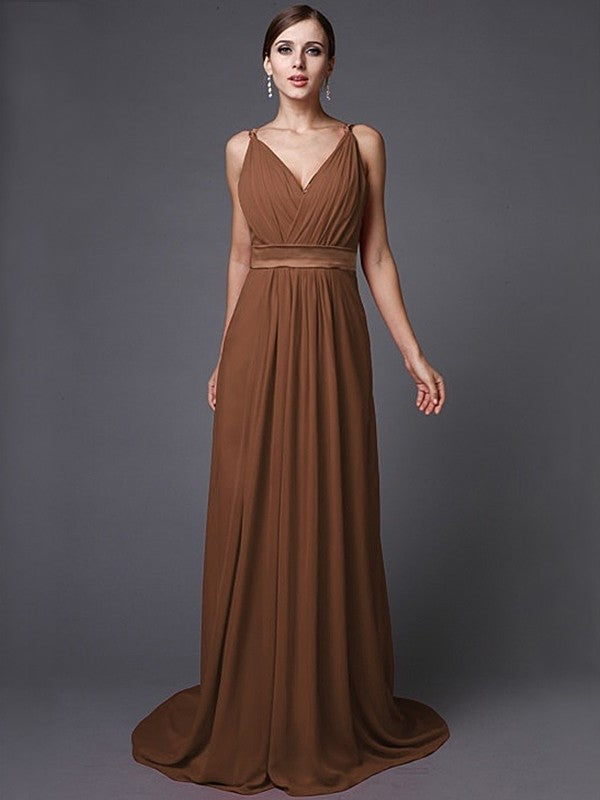 Long Ruffles A-Line/Princess Sleeveless V-neck Chiffon Bridesmaid Dresses