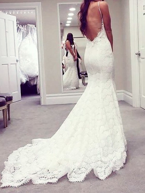 Trumpet/Mermaid Train Court Lace Spaghetti Straps Sleeveless Wedding Dresses