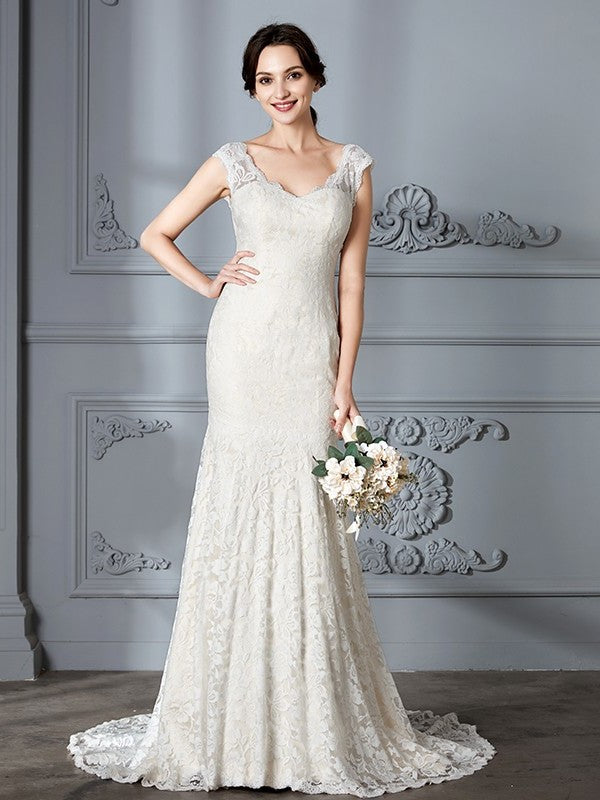 Lace V-Neck Sleeveless Sweep/Brush Trumpet/Mermaid Train Wedding Dresses