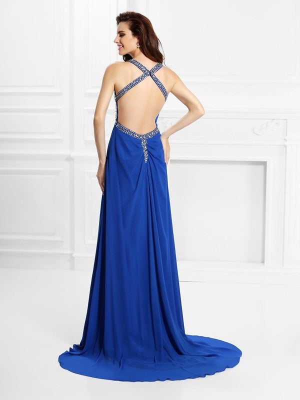 A-Line/Princess V-neck Beading Sleeveless Long Chiffon Dresses