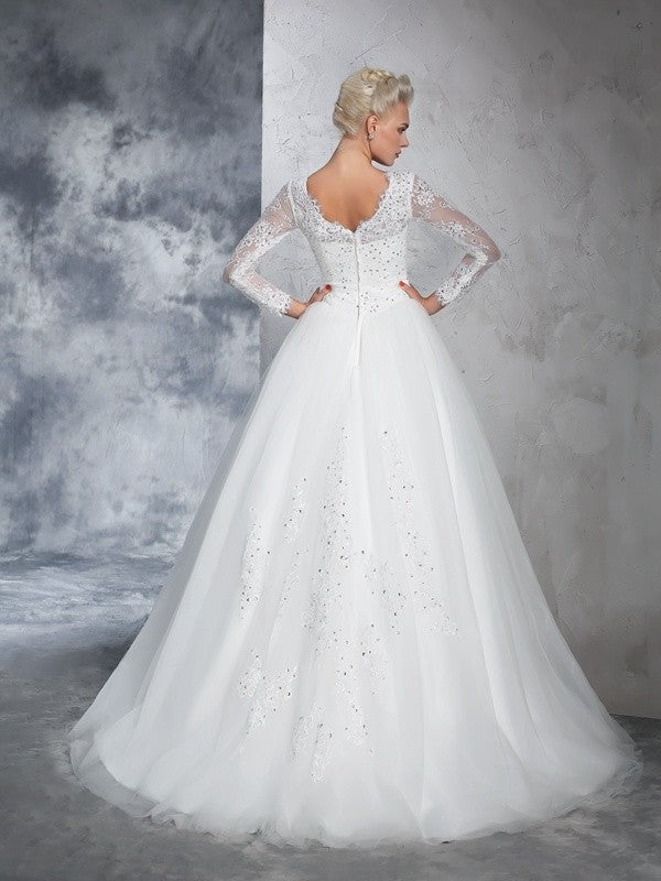 Long Bateau Long Ball Gown Lace Sleeves Net Wedding Dresses