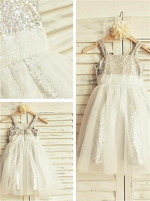 Sleeveless Straps Tea-Length A-line/Princess Spaghetti Ruffles Sequins Flower Girl Dresses