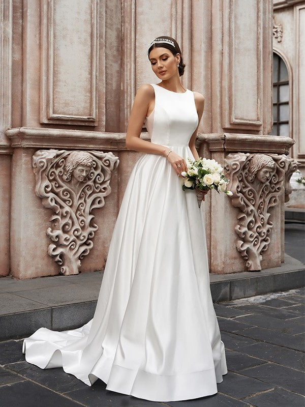 Sweep/Brush Ruffles Sleeveless A-Line/Princess Satin Scoop Train Wedding Dresses