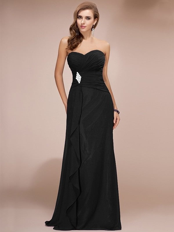 Sleeveless Sheath/Column Long Beading Sweetheart Ruffles Chiffon Bridesmaid Dresses