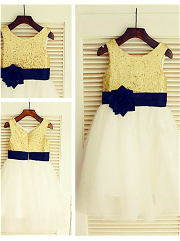 A-line/Princess Scoop Sleeveless Tulle Sequin Knee-Length Flower Girl Dresses