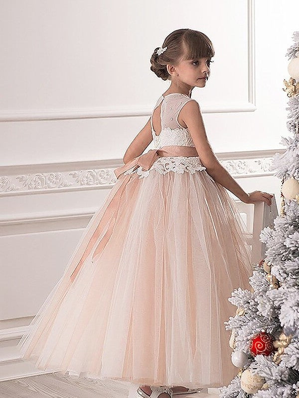 Sash/Ribbon/Belt Sleeveless Tulle Floor-Length Gown Ball Scoop Flower Girl Dresses