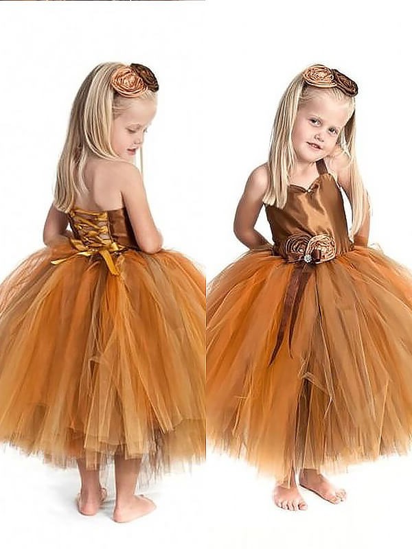 Ball Hand-Made Tulle Sleeveless Flower Tea-Length Gown Straps Flower Girl Dresses