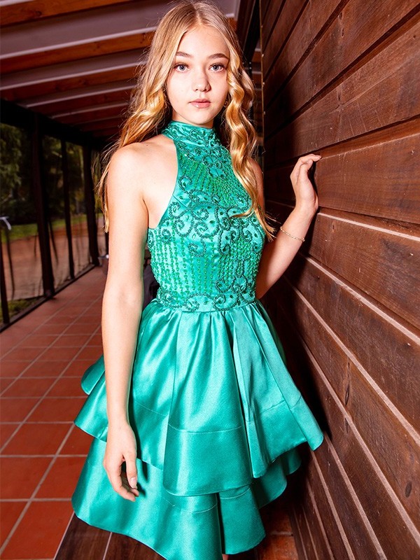 Sleeveless Satin Jewel A-Line/Princess Beading Short/Mini Homecoming Dresses