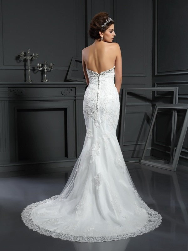 Sheath/Column Beading Long Sleeveless Sweetheart Net Wedding Dresses