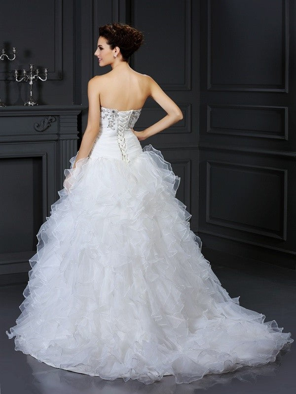 Strapless Beading Sleeveless Long Ball Gown Organza Wedding Dresses