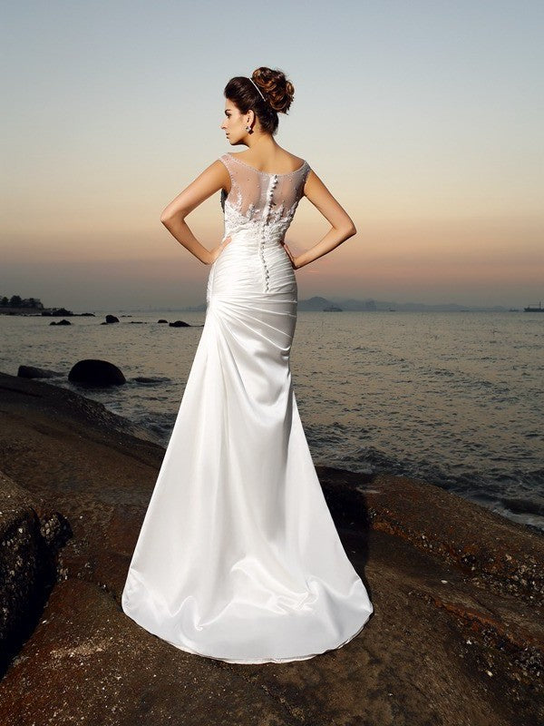 Trumpet/Mermaid Beading Scoop Long Sleeveless Satin Beach Wedding Dresses