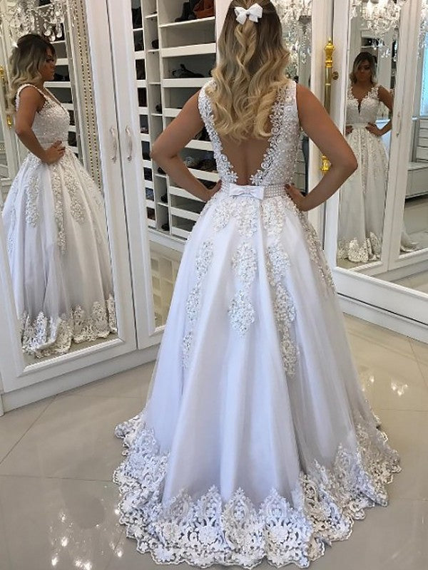 V-Neck Sleeveless A-Line/Princess Floor-Length Lace Tulle Dresses