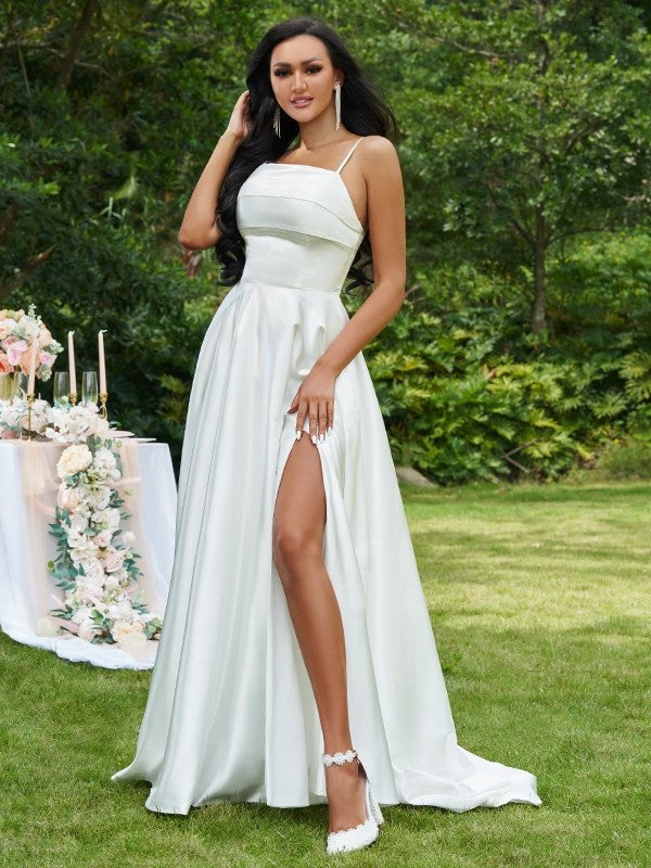 Straps Sleeveless Satin Sweep/Brush Spaghetti A-Line/Princess Ruffles Train Wedding Dresses