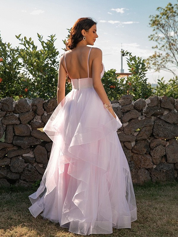 Tulle V-neck A-Line/Princess Ruffles Sleeveless Floor-Length Dresses