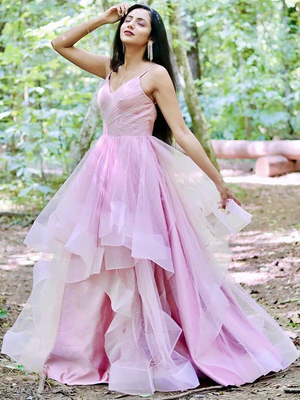 Spaghetti Straps Tulle A-Line/Princess Ruffles Sleeveless Floor-Length Dresses