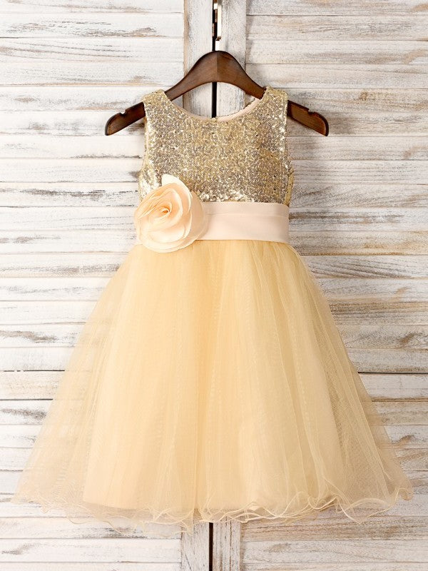 Tea-Length Sleeveless Hand-Made Scoop Tulle A-Line/Princess Flower Flower Girl Dresses