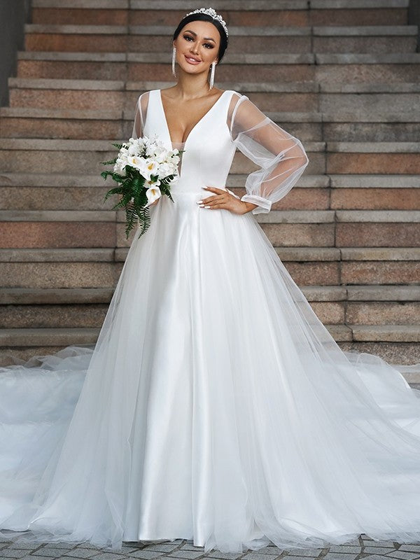 Tulle V-neck Long Ruffles Sleeves A-Line/Princess Court Train Wedding Dresses