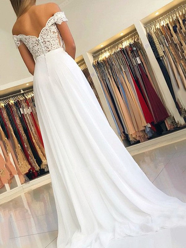 A-Line/Princess Off-the-Shoulder Sleeveless Floor-Length Applique Chiffon Dresses