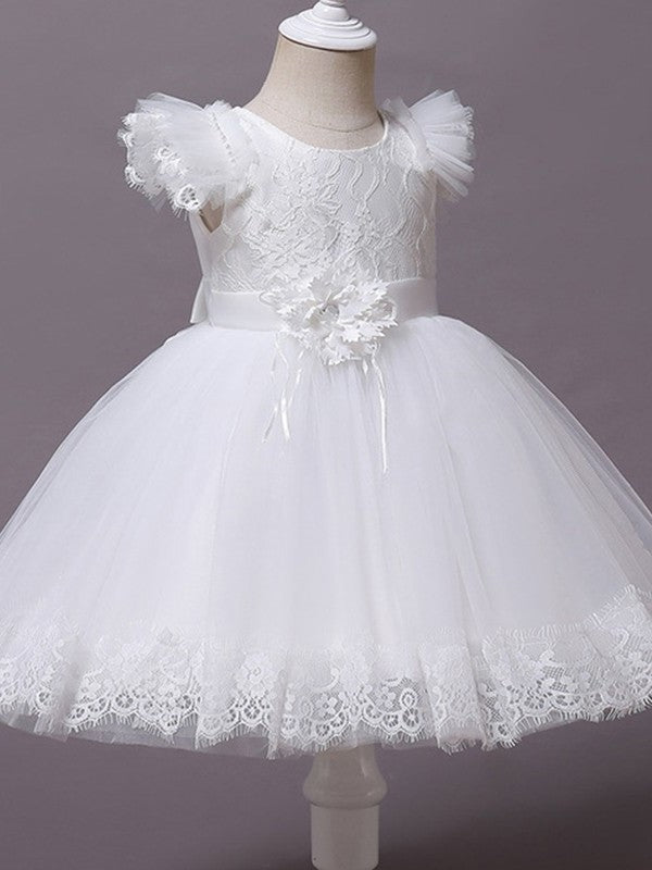 Sleeves Tea-Length Scoop Gown Ball Applique Tulle Short Flower Girl Dresses