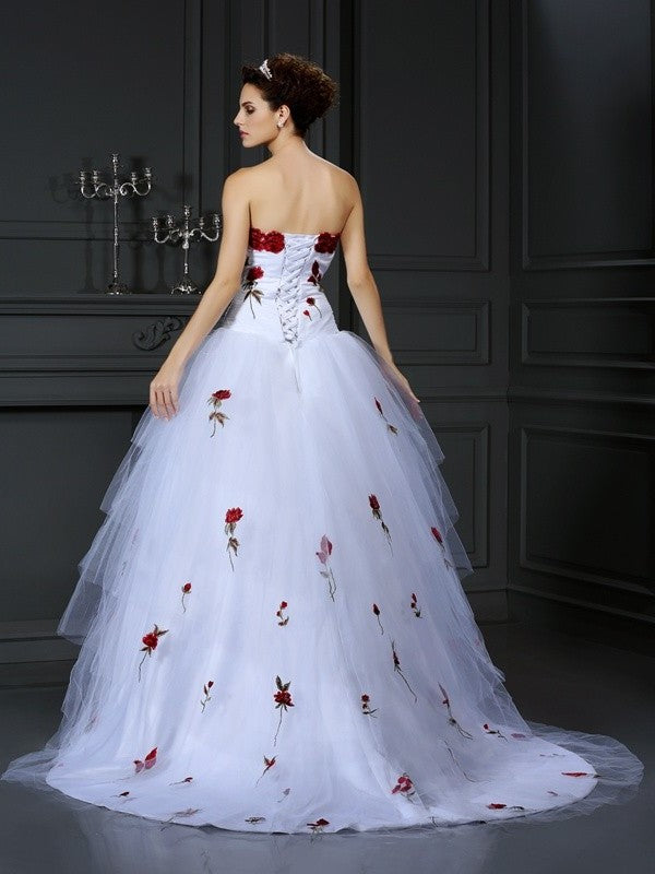 Hand-Made Long Ball Sleeveless Gown Flower Strapless Tulle Wedding Dresses