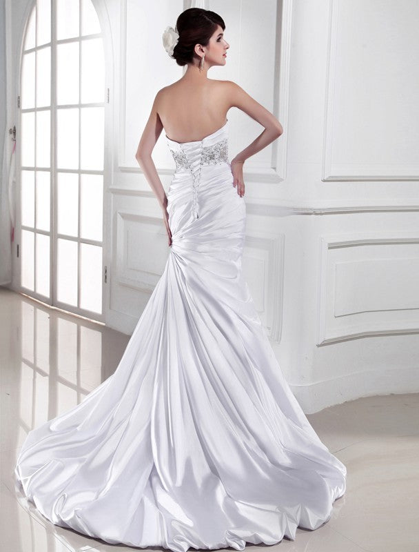 Trumpet/Mermaid Sleeveless Beading Sweetheart Woven Elastic Satin Wedding Dresses